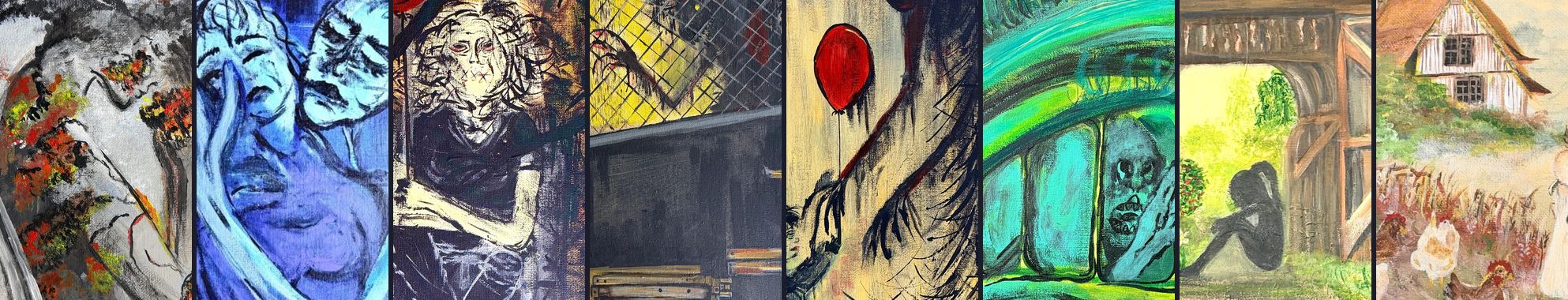 A row of details from JanieBee's paintings